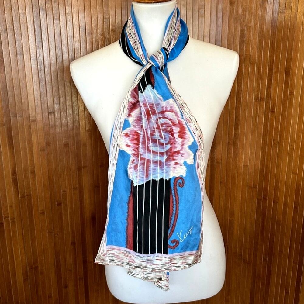 Vintage Kenzo Paris Silk Scarf Blue Rose Floral